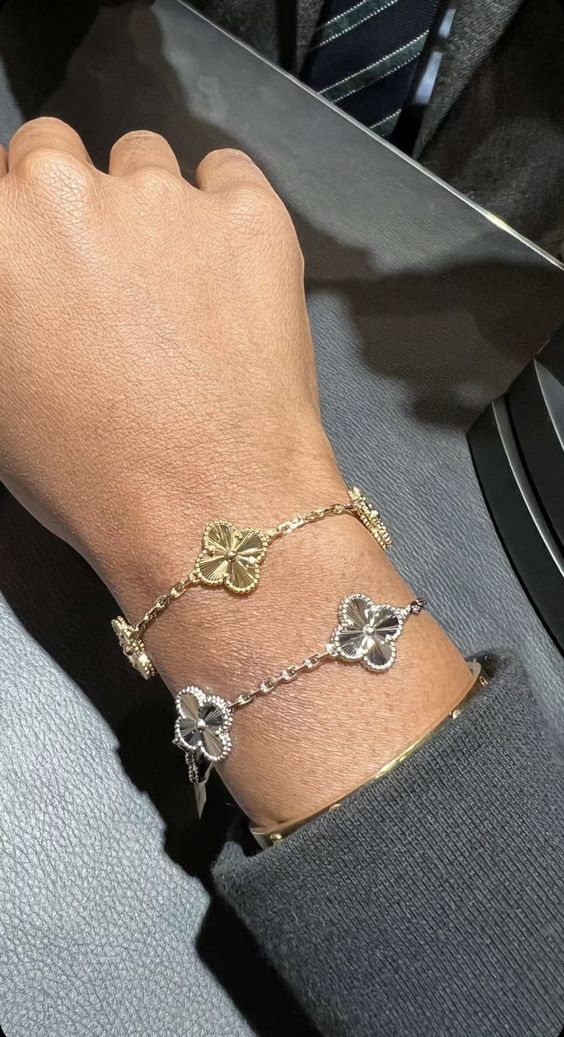 2-teiliger Kleeblatt-Armband-Set - Silber/Gold
